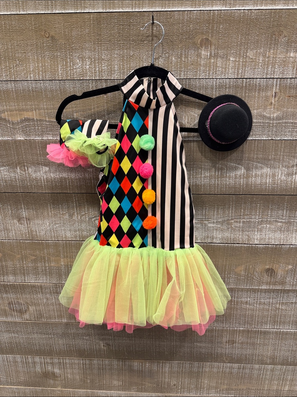 Weissman’s child M dance/skating Neon Harlequin Clown Costume Dress with Pom Pom